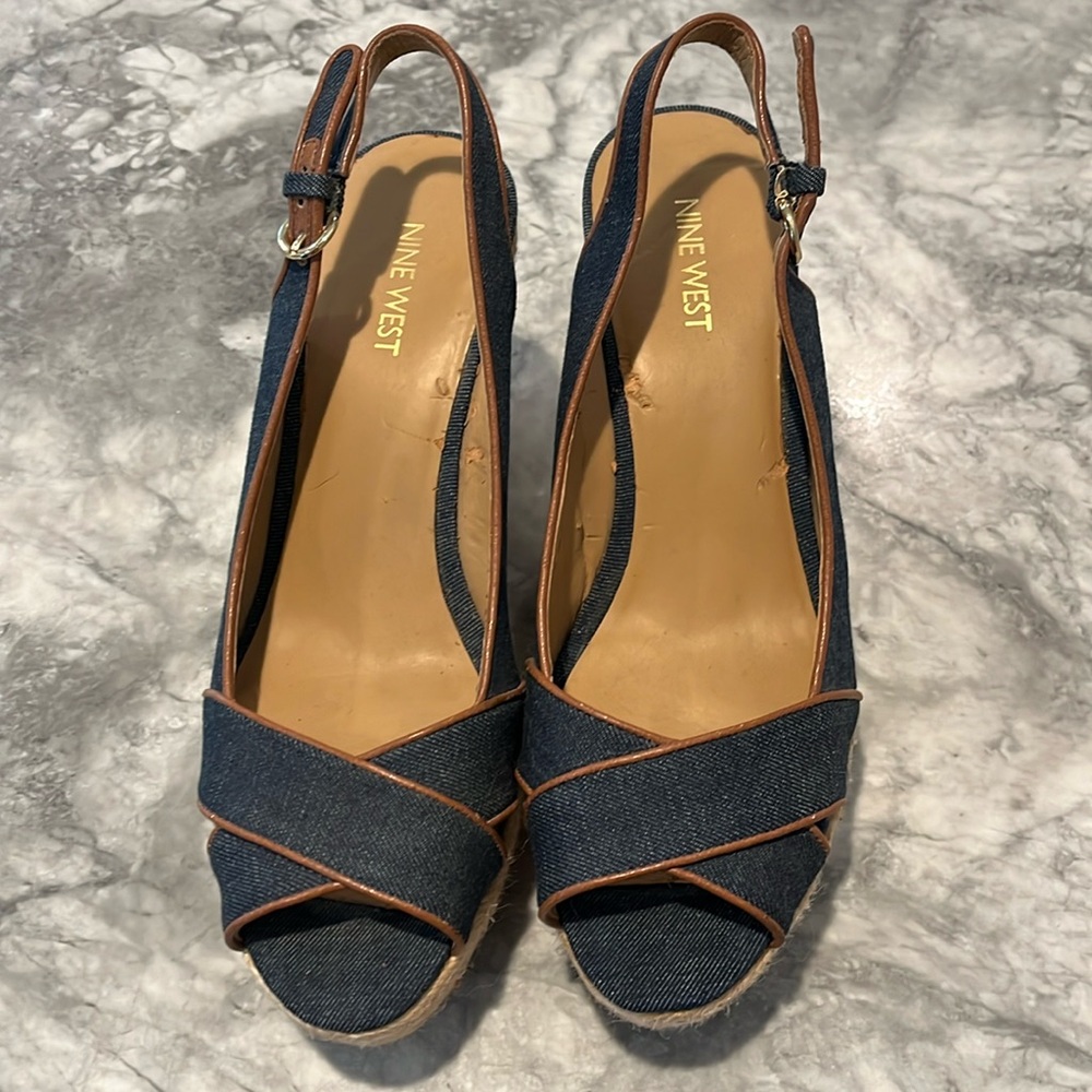 Wedges denim color w brown piping